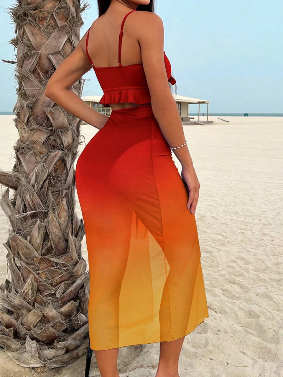 3 Pieces Tie Dye Knot Front Bikinis 2024 Women Ruffle Swimwear Female High Waist Swimsuit & Drawstring Beach Skirt Bathing Suit