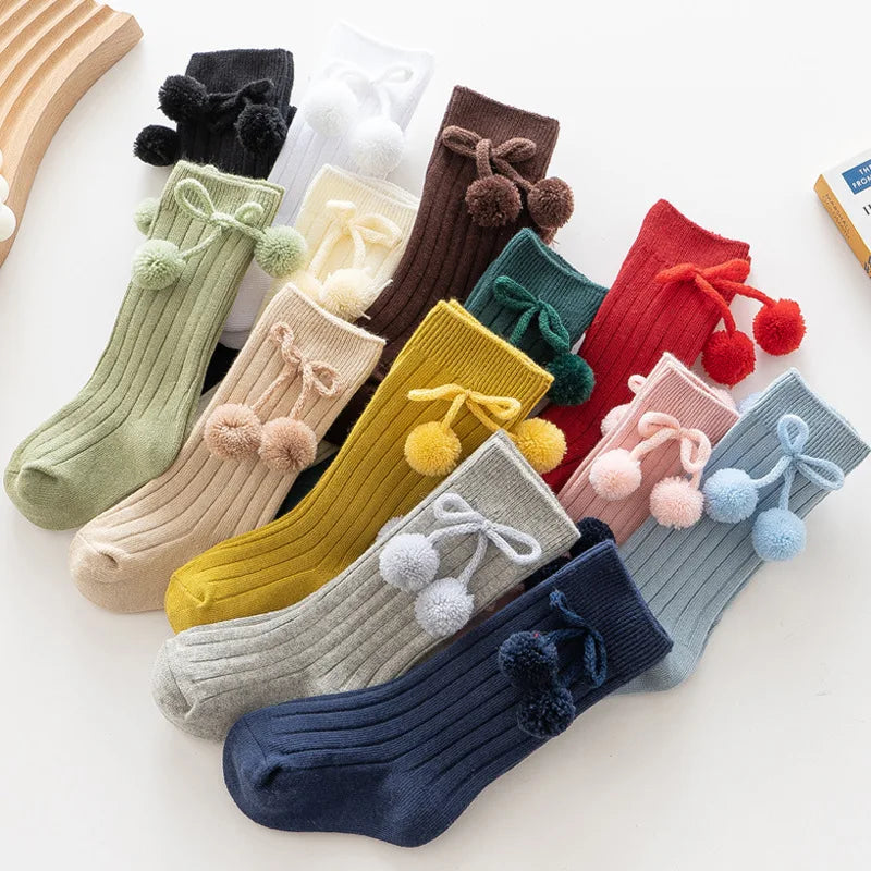 1 Pair Winter Kawaii Baby Stockings Cotton British Princess Knee High Long Bow Pom Tube Socks for Girls Knitted Sock for 0-4Year