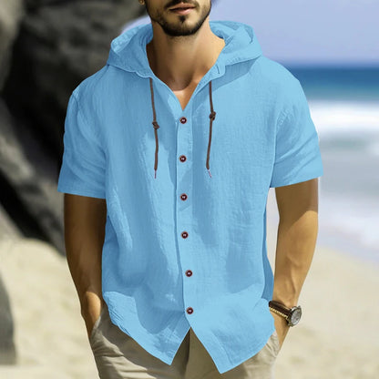 Summer cotton linen men's short sleeved shirt in US size solid color hooded casual T-shirt plus size men's clothing