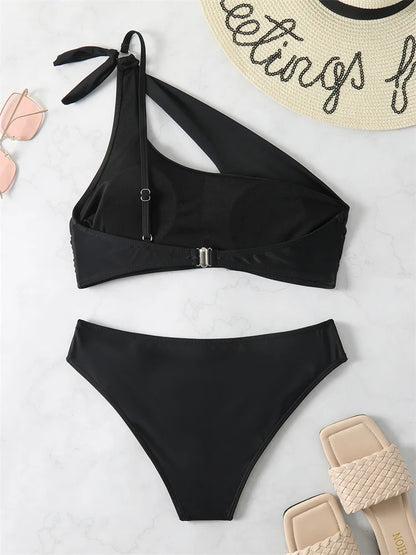 Bikini 2024 New Swimsuit Women Swimwear Solid Black One Shoulder Bikinis Set Bathing Suit Female Two Pieces Beach Wear Biquini