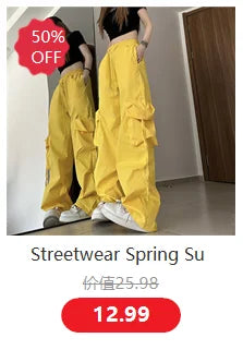 Streetwear Spring Summer Cargo Pants Women Harajuku Slim Punk Ribbons Joggers Elastic Waist Ankle-Length Trousers For Girls