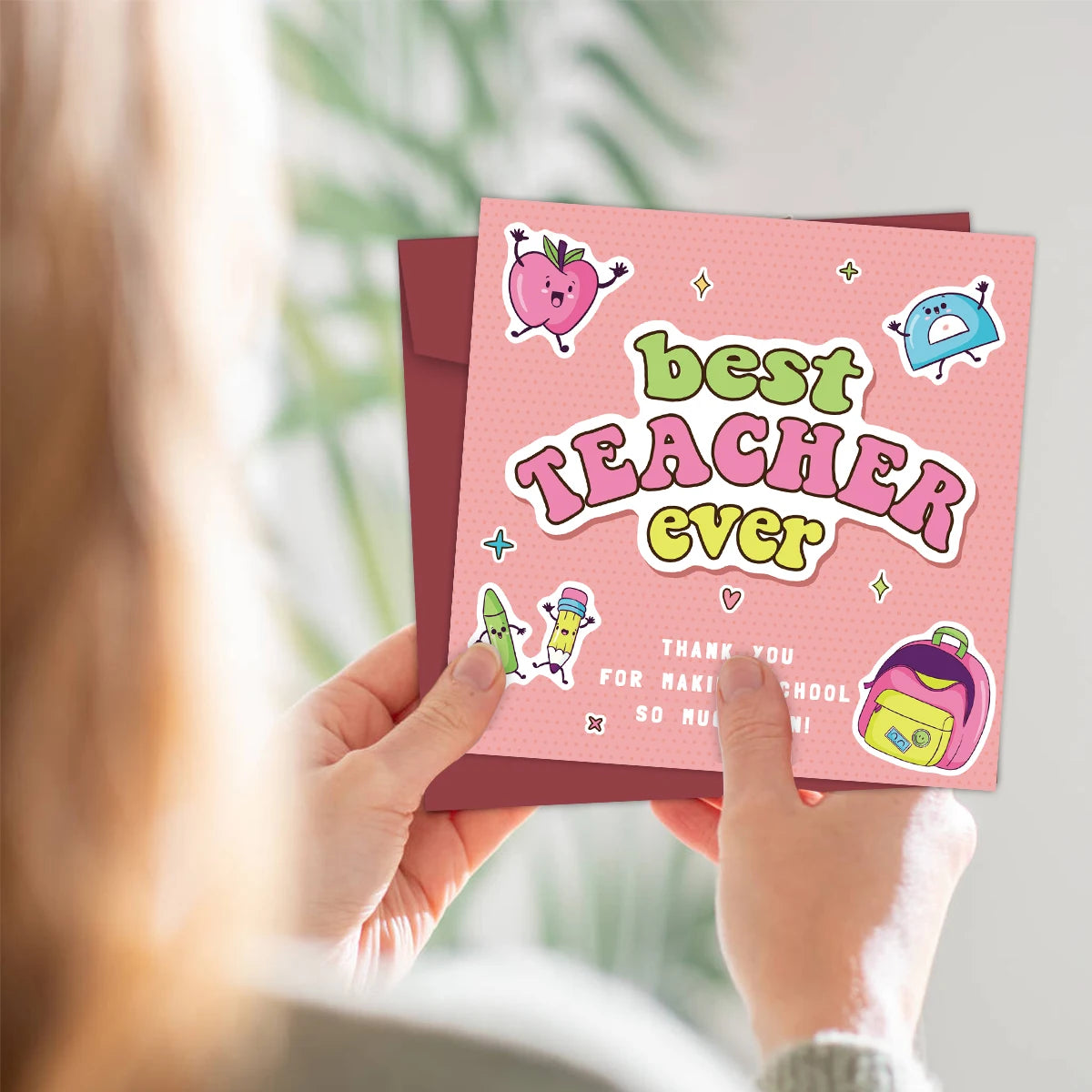 1Set Best Teacher Ever Thank You Card Cute Teacher Appreciation Card with Envelopes, Funny Writable Card Gifts for Teacher's Day