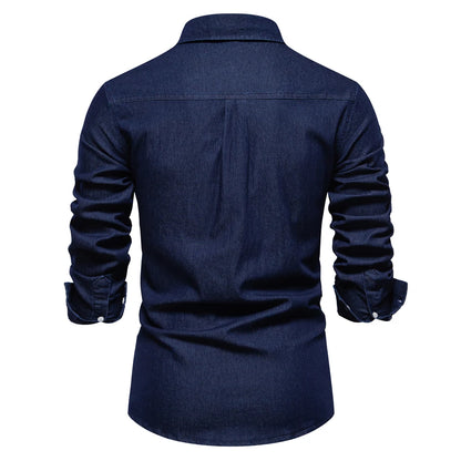 AIOPESON Autumn New Cotton Men's Denim Shirt Solid Color Single Pocket Casual Long Sleeve Shirt Autumn Jeans Shirt for Men