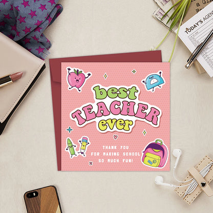 1Set Best Teacher Ever Thank You Card Cute Teacher Appreciation Card with Envelopes, Funny Writable Card Gifts for Teacher's Day