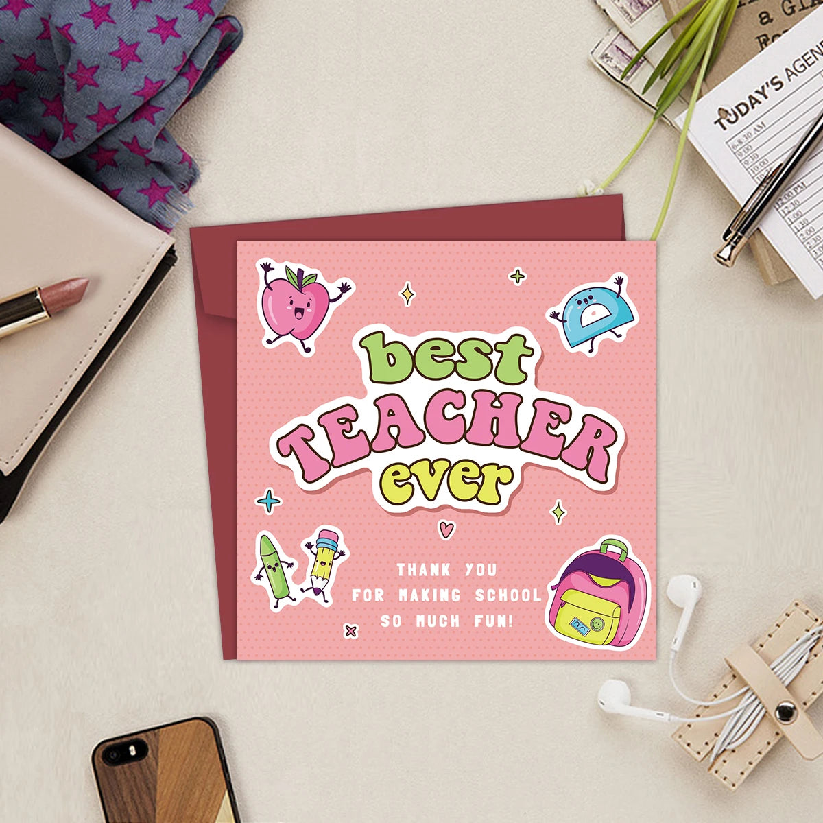 1Set Best Teacher Ever Thank You Card Cute Teacher Appreciation Card with Envelopes, Funny Writable Card Gifts for Teacher's Day