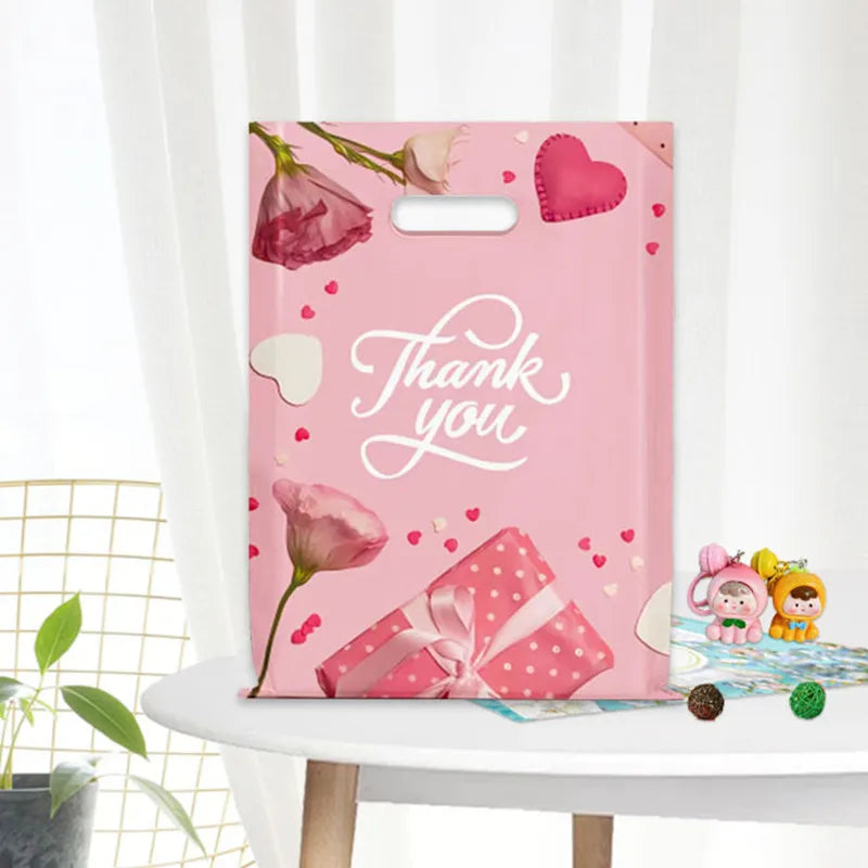 Thank You Flower Gift Bags For Small Business Plastic Shopping Bag Wedding Birthday Present Package Storage With Handle 10PCS