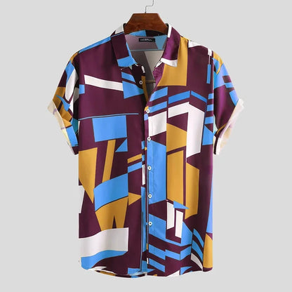 Summer Men's Shirts Hawaiian Blouse Stripe Print 2024 New Short Sleeve Single Breasted Oversized Tops Camisa Clothing Buttons