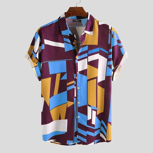 Summer Men's Shirts Hawaiian Blouse Stripe Print 2024 New Short Sleeve Single Breasted Oversized Tops Camisa Clothing Buttons