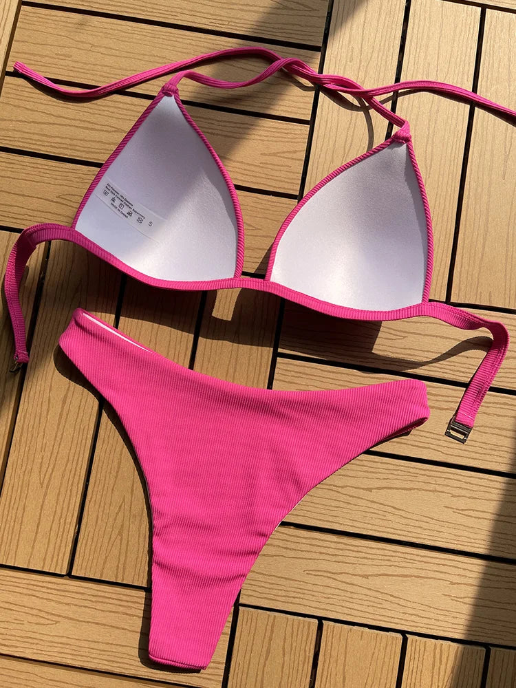 2025 Halter Bra Cup Bikini Sexy Swimsuit Female White Swimwear Women Push up Bikini set Brazilian Bathing Suit Bandeau Swim suit