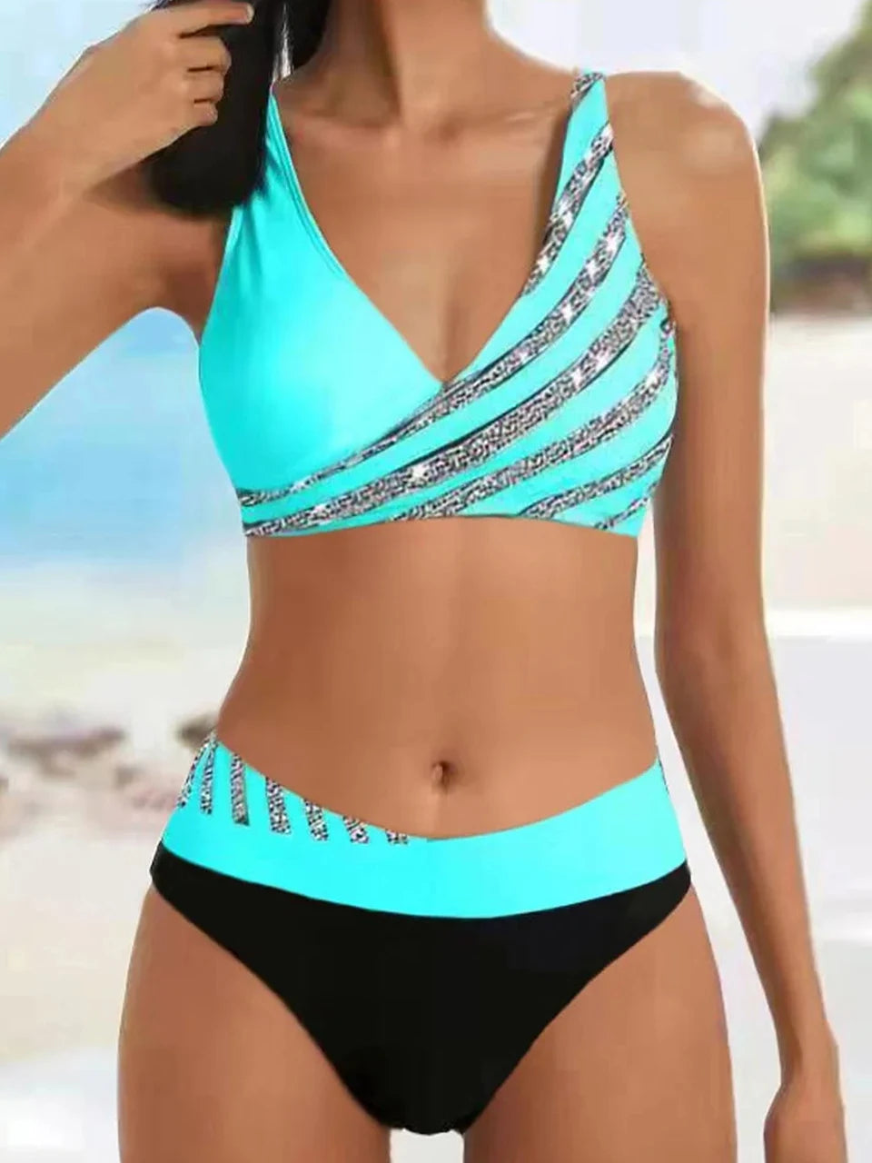 V Neck Bikini Set 2024 Women Stripe Print Patchwork Swimwear Summer Beachwear Swimsuit Female Bathers Bathing Swimming Suit 2XL