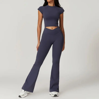 Two Piece Short Sleeve Sport Yoga Set Outfit Fitness Gym Set Workout Clothes for Women Flare Leggings Sportwear Women Tracksuit