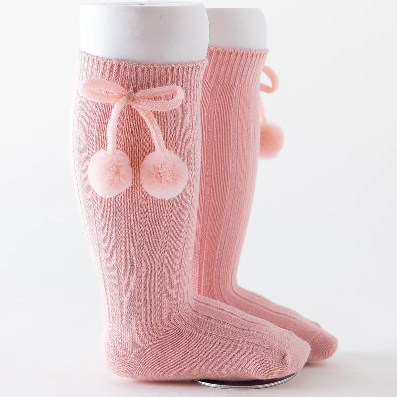 1 Pair Winter Kawaii Baby Stockings Cotton British Princess Knee High Long Bow Pom Tube Socks for Girls Knitted Sock for 0-4Year