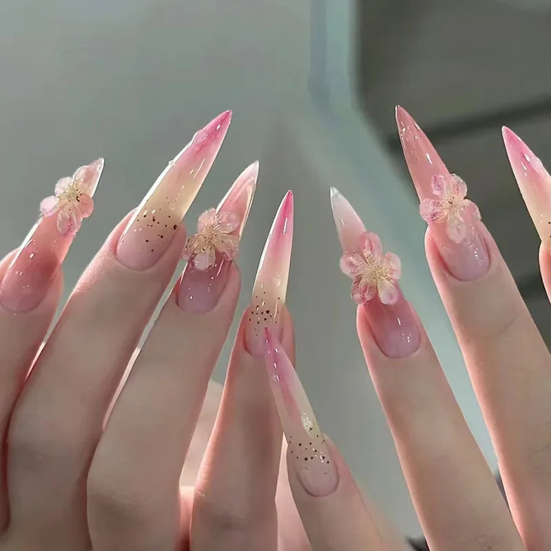 30Pcs 3D Pink Fake Nails With Diamond Halloween Long Almond False Nail Butterfly Design Wearable Oval Press on Nails Tips Y2k
