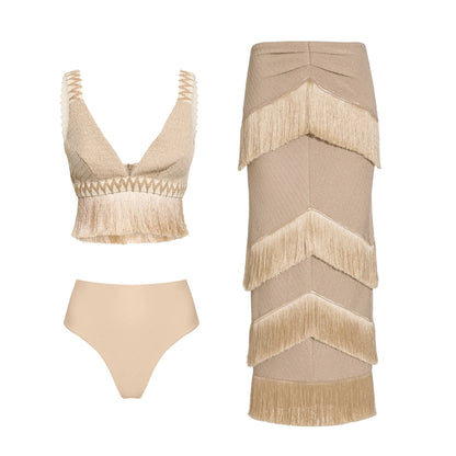 2025 V Neck Fringe Trim Bikini Swimsuit High Waist Swimwear with Skirt for Women Halter Bathing Suits Print Summer Female