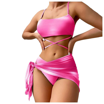 2024 new tie-dye Lace up Split Swimsuit Beach Bikinis Set Sexy Backless top Hipster Bottom and Cover Up dress 3 Pieces Swimsuit