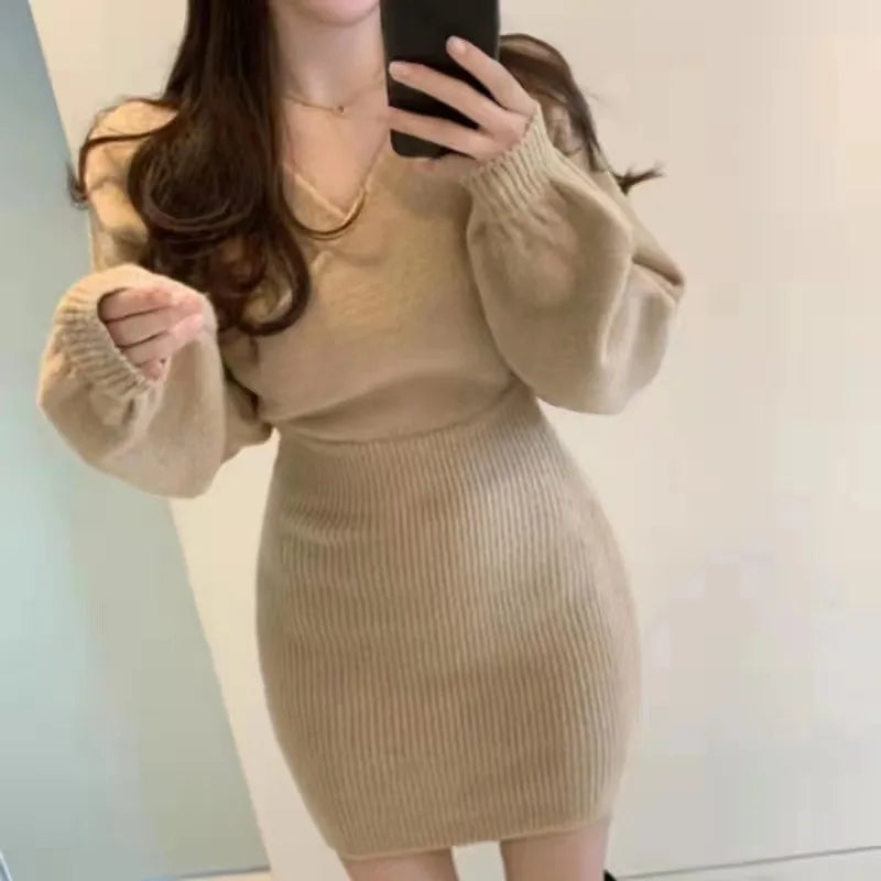 2023 Spring Autumn Sexy Cross V-neck Wrap Hip Dresses Women's Knitted Sweater Dress Fashion Tight Short Dress