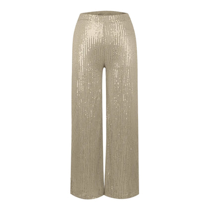 Women's Fashion Solid Color High Waist Sequin Side Zipper Draped Wide Leg Pants Pants for Women Women’s Pants Women’s Pants 2024