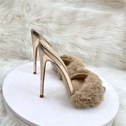 Super High Heels Summer Women Slippers Fur pointed toes Slip On Slides high heels 12cm sexy women sandals 33-4512cm