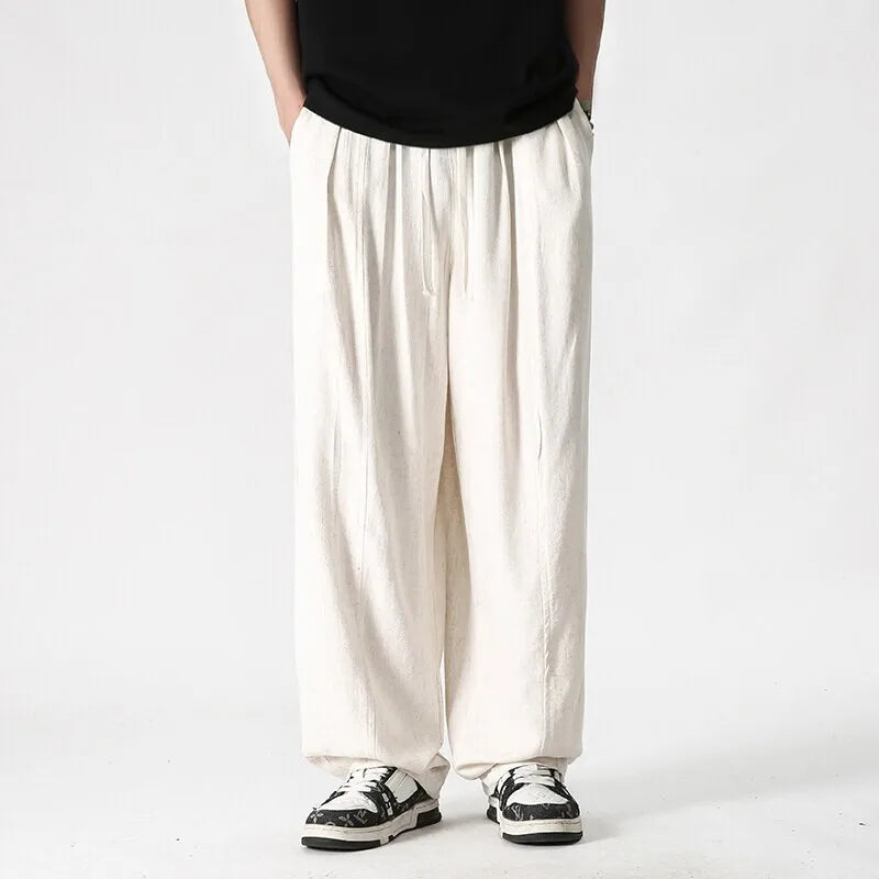Summer Wide Leg Pants Men's Cotton Linen Harun Loose Pants Men Casual Elastic Waist Circumference Lantern Trousers Plus Size 5XL
