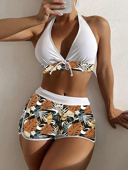2Pcs/Set Bikinis Set Bowknot Decor Floral Print Bikini Backless Halter Bra High Waist Beachwear Female Beach Clothing