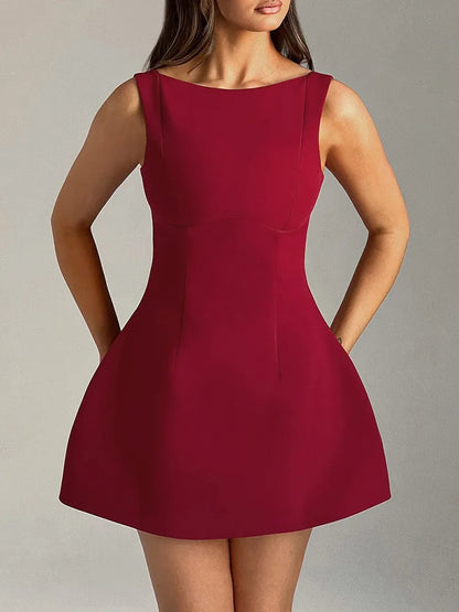 2024 Elegant Slim Solid Mini Dress For Women Summer O-neck Backless A-line Dress Black Sleeveless Office Lady Party Dress