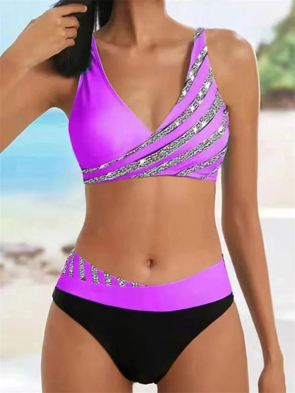 V Neck Bikini Set 2024 Women Stripe Print Patchwork Swimwear Summer Beachwear Swimsuit Female Bathers Bathing Swimming Suit 2XL