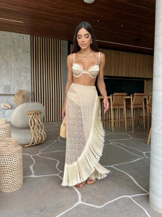 2025 Swimsuit 3 Pics Set with Tassel Skirt Bikini Women Swimsuit Button High Waist Swimwear Bathing Suit Beachwear Biquini