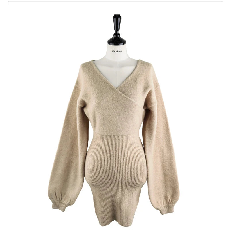 2023 Spring Autumn Sexy Cross V-neck Wrap Hip Dresses Women's Knitted Sweater Dress Fashion Tight Short Dress