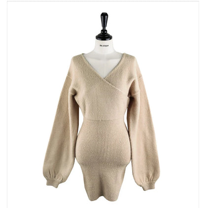 2023 Spring Autumn Sexy Cross V-neck Wrap Hip Dresses Women's Knitted Sweater Dress Fashion Tight Short Dress