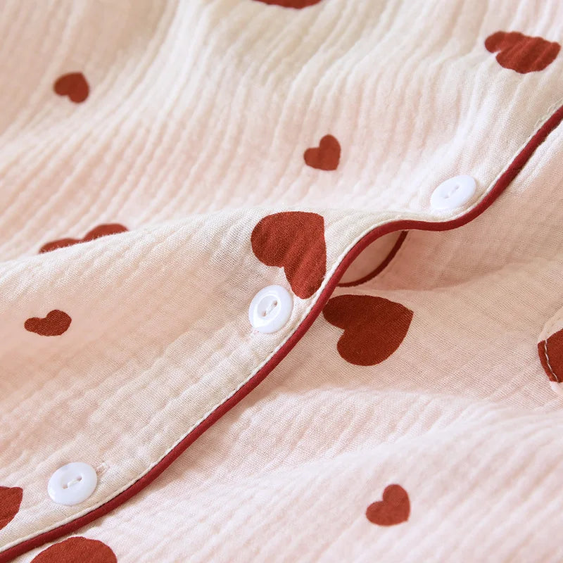 2025 New Spring and Autumn Women's Pajama Set 100% Cotton Crepe Long Sleeve Long Pants Two Piece Set Love Sweet Home Clothes