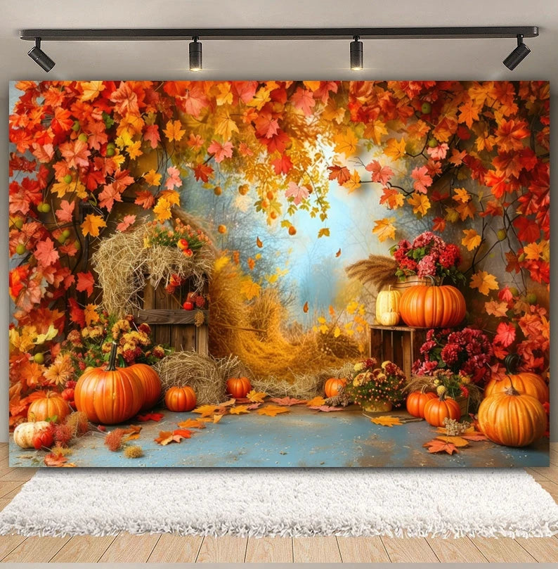 Autumn Backdrop Maple Pumpkin Maple Leaves Forest Haystack Harvest Thanksgiving Baby Portrait Photography Background Photobooth