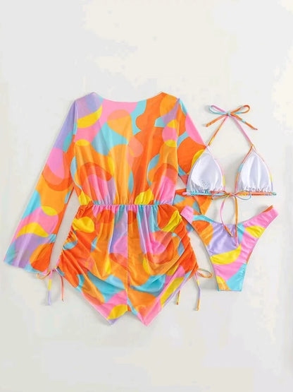3 Pieces Triangle Halter String Bikini Long Sleeve Swimsuit Women Swimwear Female Bathers Bathing Swimming Swim Suit