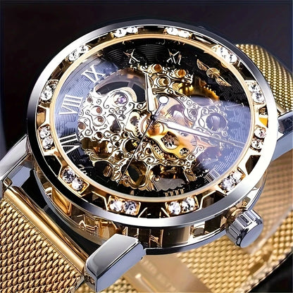 1 Piece of Men's Fashion Manual Mechanical Watch with Diamond Inlay, Hollow Design Mesh Strap Watch, Stylish and Versatile, Handsome Men's Student Wristwatch, High Appearance Value, First Choice for Gift Giving, No Battery Re
