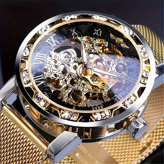 1 Piece of Men's Fashion Manual Mechanical Watch with Diamond Inlay, Hollow Design Mesh Strap Watch, Stylish and Versatile, Handsome Men's Student Wristwatch, High Appearance Value, First Choice for Gift Giving, No Battery Re
