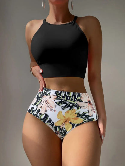 2025 High Waist Bikinis Women High Neck Swimsuit Floral Swimwear Female Bathers Bathing Swimming Suit Summer Beachwear