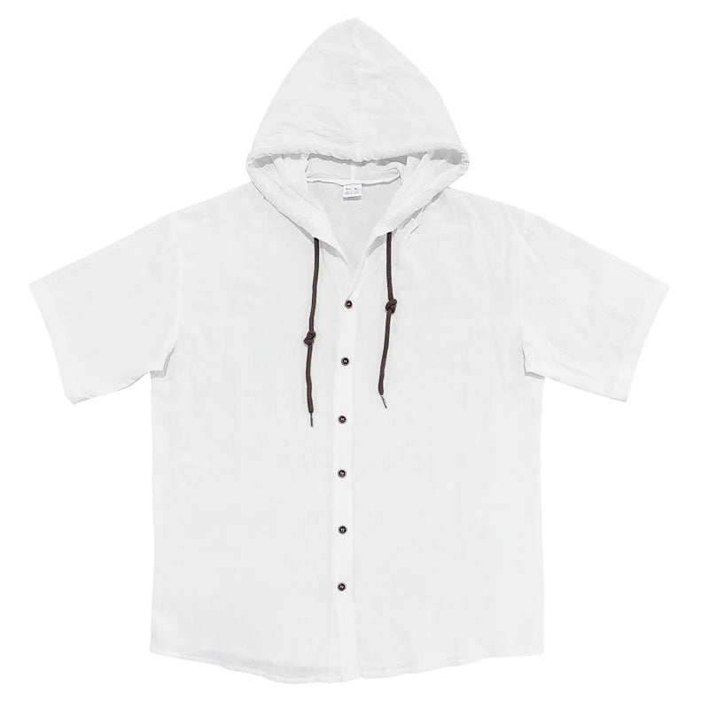 Summer cotton linen men's short sleeved shirt in US size solid color hooded casual T-shirt plus size men's clothing