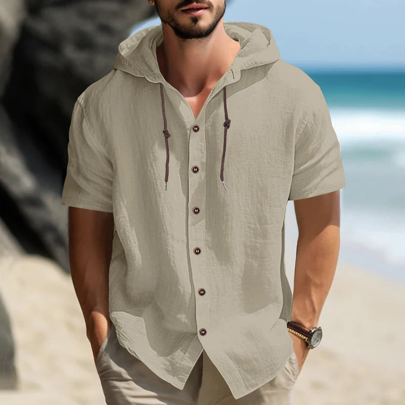 Summer cotton linen men's short sleeved shirt in US size solid color hooded casual T-shirt plus size men's clothing