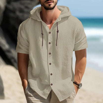 Summer cotton linen men's short sleeved shirt in US size solid color hooded casual T-shirt plus size men's clothing