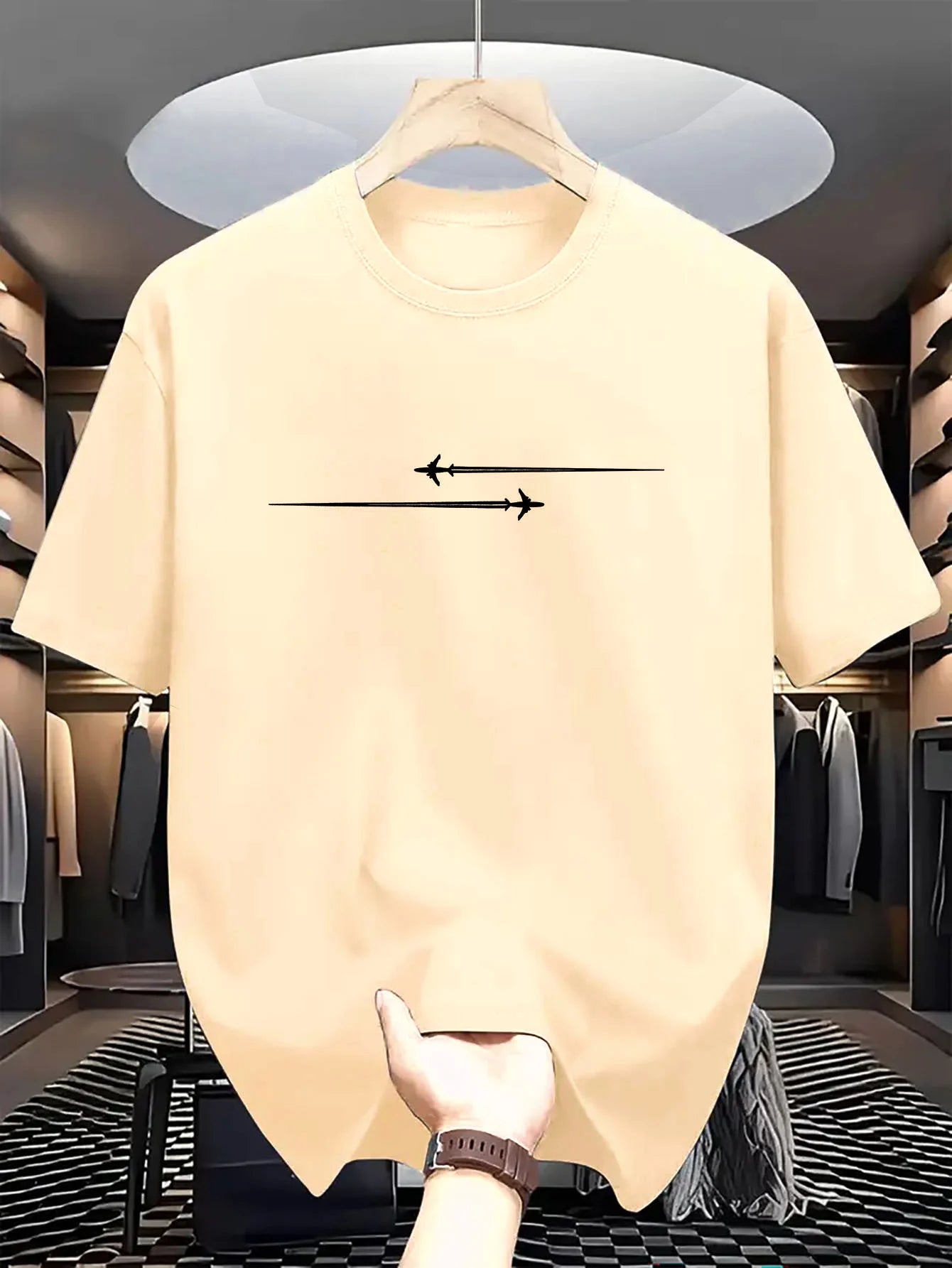 Summer Men's 100% Cotton Casual Loose Large Creative Airplane Pattern Printed Comfortable Sports Round Neck Short Sleeve T-shirt