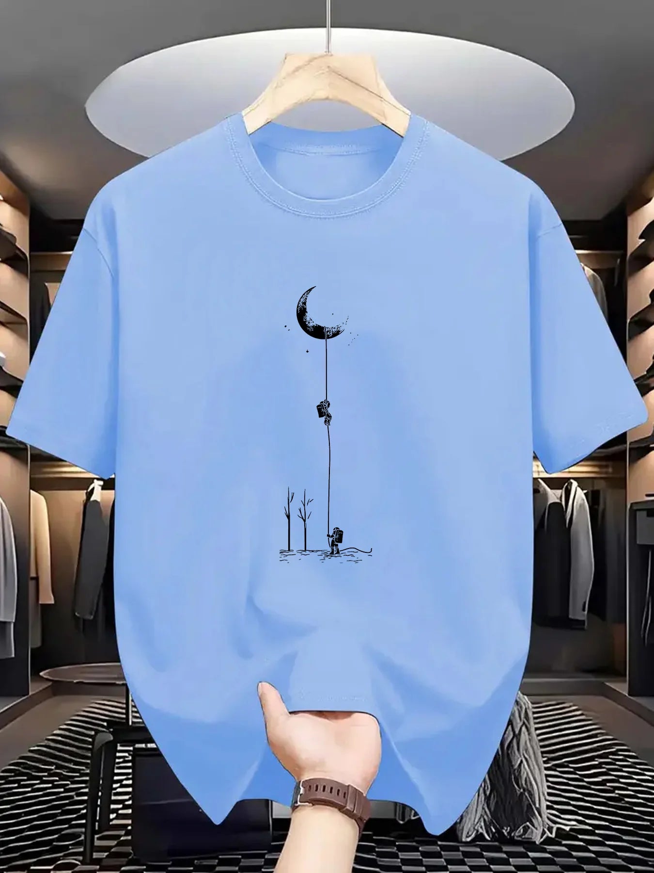 Summer men's 100% pure cotton casual loose fit plus size moon landing pattern printed round neck short sleeved T-shirt top