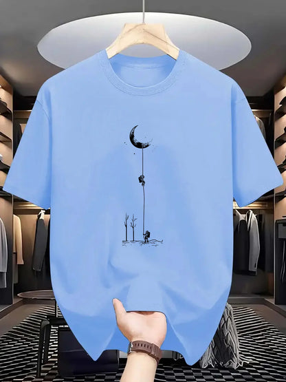 Summer men's 100% pure cotton casual loose fit plus size moon landing pattern printed round neck short sleeved T-shirt top