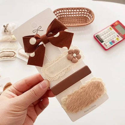 Autumn Winter 8Pcs Kids Hairclip Cartoon Bear Cute Bowknot Baby Princess Hair Accessories Newborn Cream Color Hairclips For Girl