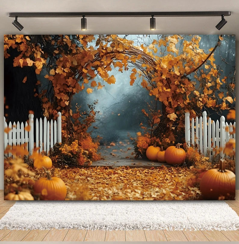 Autumn Backdrop Maple Pumpkin Maple Leaves Forest Haystack Harvest Thanksgiving Baby Portrait Photography Background Photobooth