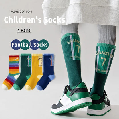 4 Pairs Children's Long Socks Boys Geometric Tennis Socks Soccer Socks Autumn Winter Teenager Basketball Socks Knee Sock