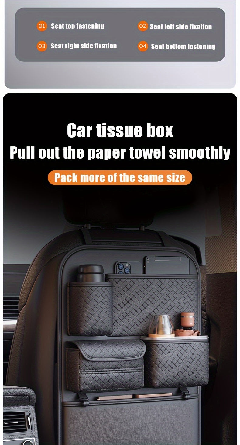 1pc Car Seat Back Organizer with Diamond Pattern - Faux Leather Multi-Compartment Storage Bag for Water Bottles, Tablets, Laptops, and Accessories, Black, Backseat Organizer | Stylish Storage Bag | Faux Leather Bag, Car Stora