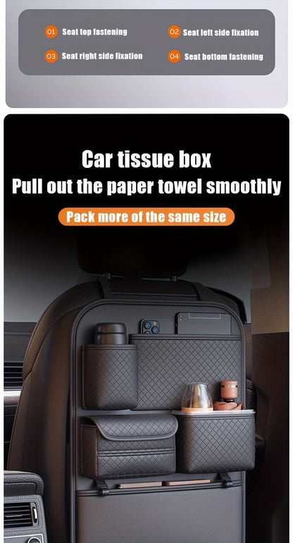 1pc Car Seat Back Organizer with Diamond Pattern - Faux Leather Multi-Compartment Storage Bag for Water Bottles, Tablets, Laptops, and Accessories, Black, Backseat Organizer | Stylish Storage Bag | Faux Leather Bag, Car Stora