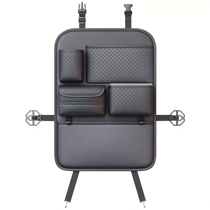1pc Car Seat Back Organizer with Diamond Pattern - Faux Leather Multi-Compartment Storage Bag for Water Bottles, Tablets, Laptops, and Accessories, Black, Backseat Organizer | Stylish Storage Bag | Faux Leather Bag, Car Stora