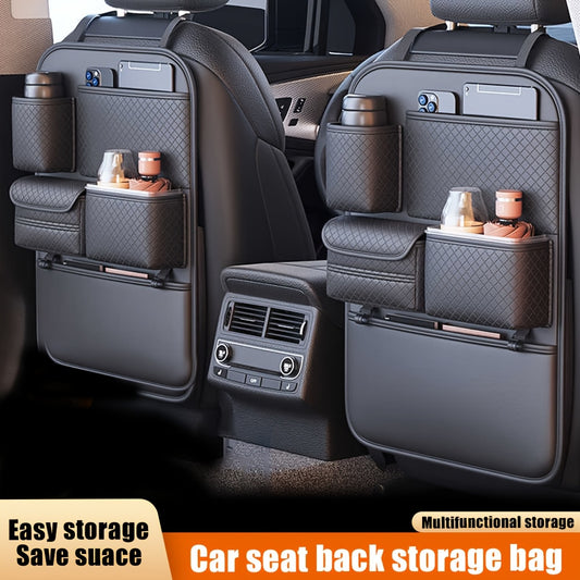 1pc Car Seat Back Organizer with Diamond Pattern - Faux Leather Multi-Compartment Storage Bag for Water Bottles, Tablets, Laptops, and Accessories, Black, Backseat Organizer | Stylish Storage Bag | Faux Leather Bag, Car Stora